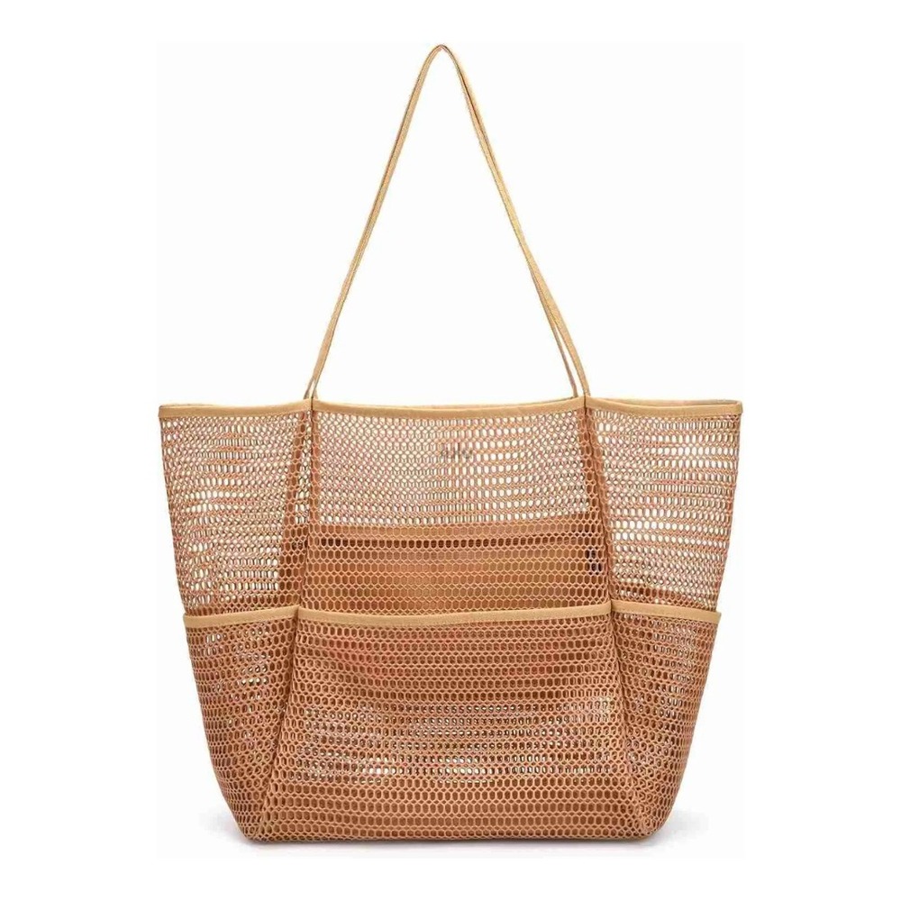 Tainehs | Mesh Beach Tote Bag with Interior Pockets in Brown